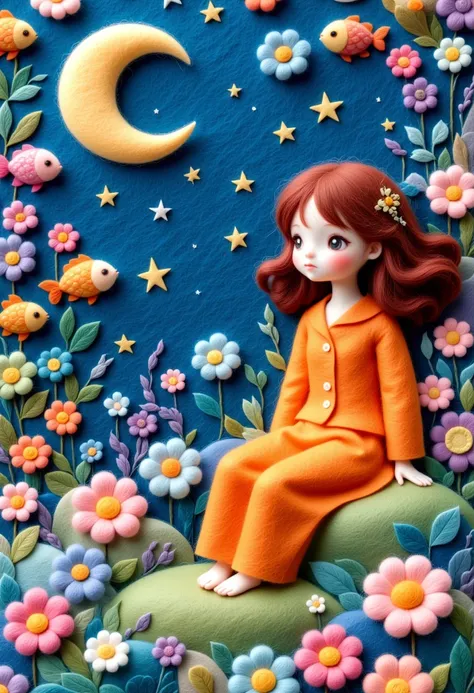 A delicate felt painting：Layered Art，Cute doll in orange pajamas，Stars and Moon，Dreamy and beautiful。