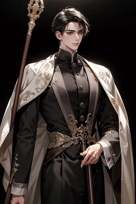 [Masterpiece] [High quality] A young man with dark brown eyes and has black hair, an average-looking face, a deep outline, and is thinly built. He also has a distinct scholarly air to him.  he dressed with and the canes he held on all occasions, but it is ...