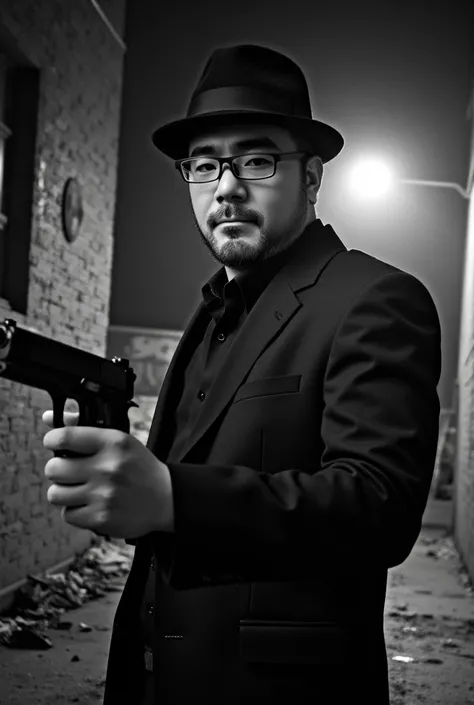 male, Alone, beard, Glasses, Mafia Boss, Dark Back Alley, Fedora Hat, Pistol in hand, Confident expression, A spooky shadow in the background, Monochrome tones