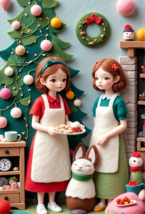 A delicate felt painting：Cartoon mother and daughter in aprons cooking Christmas daughter dressed as Santa Claus daughter is twins Christmas tree