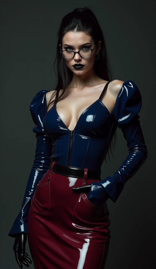 femme, vue de dos, latex, brillant, Les vampires, stricte, latex, brillant, chemisier latex bleu marine, longue jupe marron rouge latex, poches sur les fesses, serre taille latex noir, bretelles latex noir, cuissades vinyle noir, visage mechant sévère, bou...