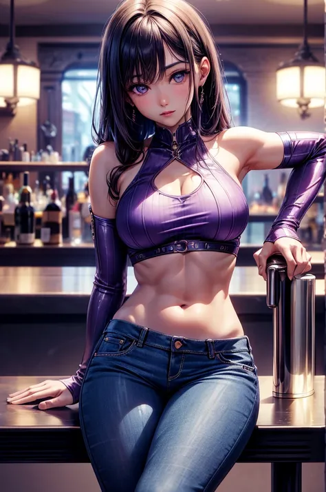 
8k, best quality, Realistic photos, Realistic details, Clear face, delicate facial features, however High Gloss, a sweet girl, shy, looks into the camera, Girl sitting in a bar in purple silk thanktop and tight jeans, clear bar background, Meerblick, arms...