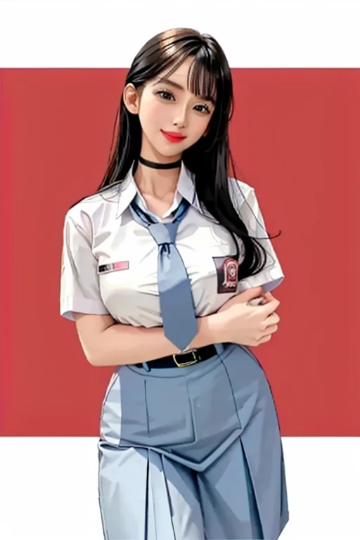 masterpiece, best quality, full body, 1girl, bangs, black choker, black necktie, black hair, blue skirt, blush, bracelet, breasts, choker, clothes around waist, collarbone, collared shirt, cowboy shot, dress shirt, ear piercing, eyebrows visible through ha...