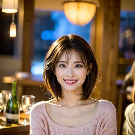 (Realistic, 超Realistic:1.4), 16K HDR, High resolution,(Wine Glasses),(Wine bottle),(Champagne glasses),Happy smile、short hair,The best smile、Japanese actress,so beautiful(It looks like the real thing),Cocktail Dresses、red wine、White Wine、Sparkling wine、Sli...