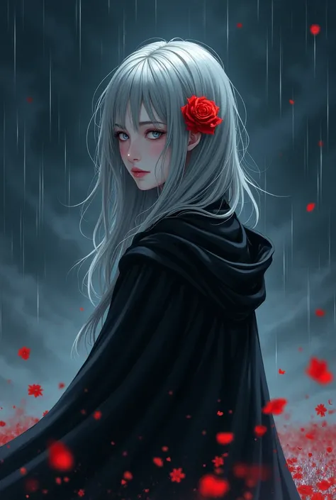 1Girl,One,1Girl,One,((Beautiful detailed eyes)), (Detailed light),depth of field,(gray hair),silver eyes,hair above one eye,(Red flower ), hair flower,Long hair,black cloak,Wet,insensitive,looking back,Night,meteor shower,it&#39;s raining,fog,Red flowers f...