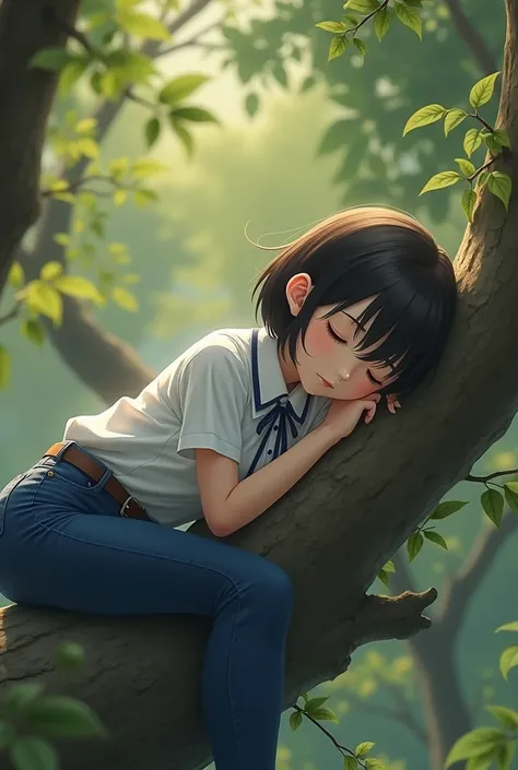 A school girl wearing tight blue jeans with belt, school uniform, sleeping peacefully on a tree branch, detailed face and eyes, long eyelashes, soft lighting, serene atmosphere, highly detailed, photorealistic, 8k, masterpiece