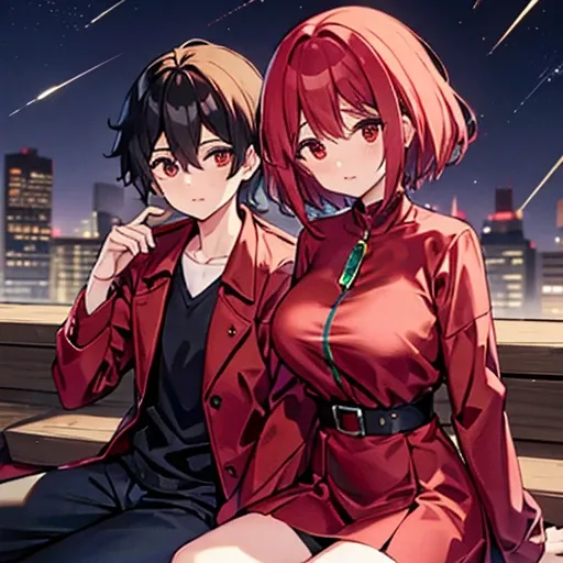 a girl with red eyes and bright hair, red blouse and shirts, green crystal on her chest, sitting next to a boy with short black ...