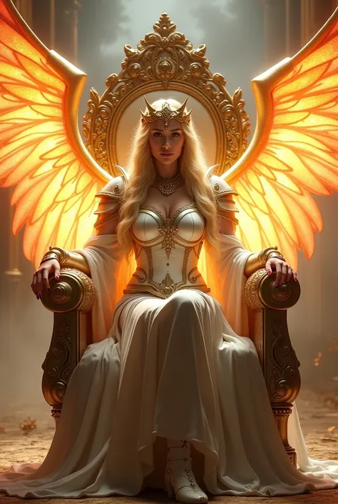 Woman, reddish golden wings, golden white armor, long blond hair with crown , sitting on a regal throne of wood ang metal, magic emanating from her aura