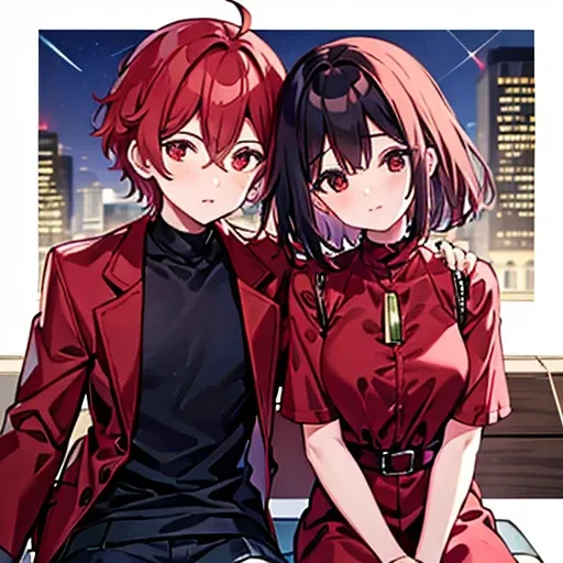 a girl with red eyes and bright hair, red blouse and shirts, green crystal on her chest, sitting next to a boy with short black ...