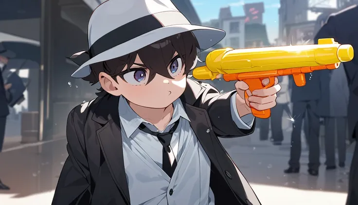 A kid dressed as a mafia member plays with a water gun