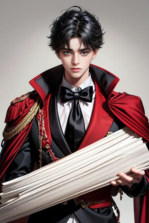 masterpiece, 最high quality, high quality, 1 boy, alone, Male focus, Upper Body,Watching the audience, Messy black hair, Adorable big blue eyes, White, Noble, Noble,A black and red cape that is bursting with sexy volume、Tuxedo、A very voluminous, large, very...