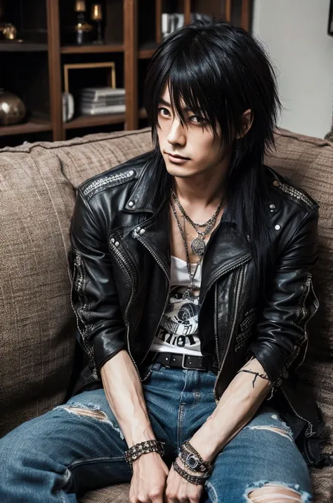 1 Japanese male rocker sitting on a couch. Asian eyes, Visual kei hairstyle, wearing rocker clothes, 40 years old, Ultra detailed face, eyes, Hyperrealistic, realistic representation, long hair 