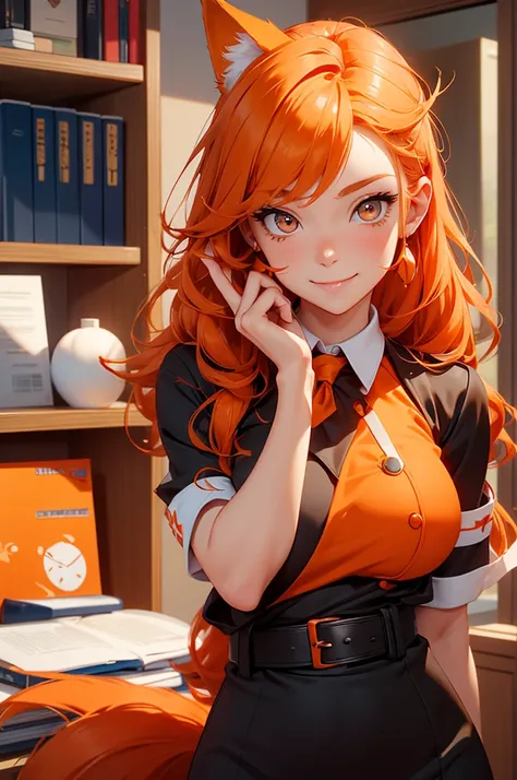 Perfect face. Perfect hands. An orange haired woman with copper eyes and an hourglass figure with orange fox ears and an orange fox tail in a school nurses uniform is smiling while with a bandage in her hands in the school nurses office