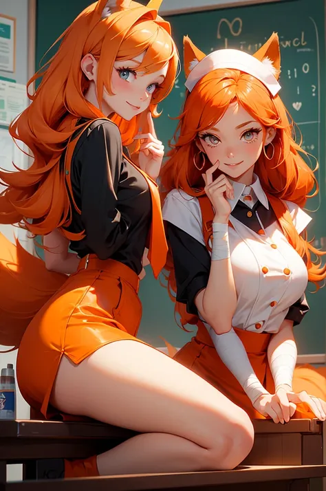 Perfect face. Perfect hands. An orange haired woman with copper eyes and an hourglass figure with orange fox ears and an orange fox tail in a school nurses uniform is smiling while with a bandage in her hands in the school nurses office