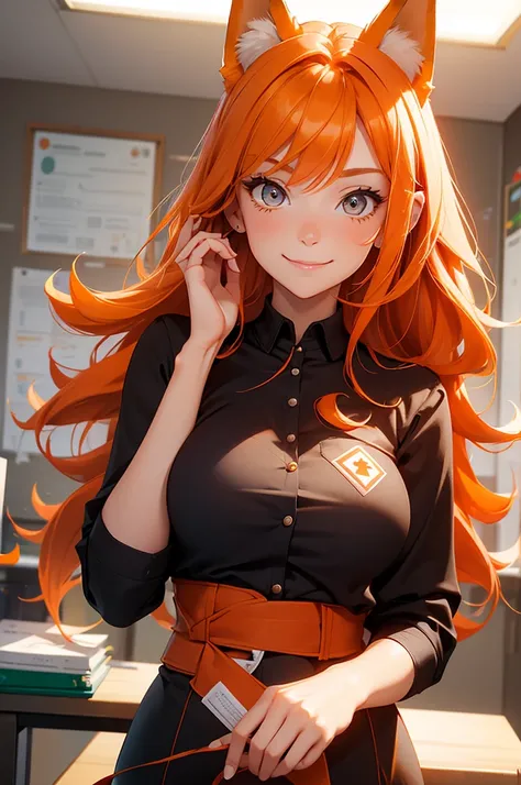 Perfect face. Perfect hands. An orange haired woman with copper eyes and an hourglass figure with orange fox ears and an orange fox tail in a school nurses uniform is smiling while with a bandage in her hands in the school nurses office