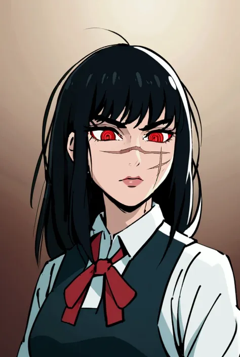 yoru, female, scars, beautiful, black hair, red eyes, school uniform, manga style