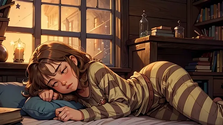 1girl, 11yo, young face, slender body, small breasts, buttocks, hips, thighs, buttcheeks,
"A cozy scene of a young girl resembling Hermione Granger from her first year at Hogwarts. She is sleeping peacefully in her homeroom, curled up on a comfortable couc...