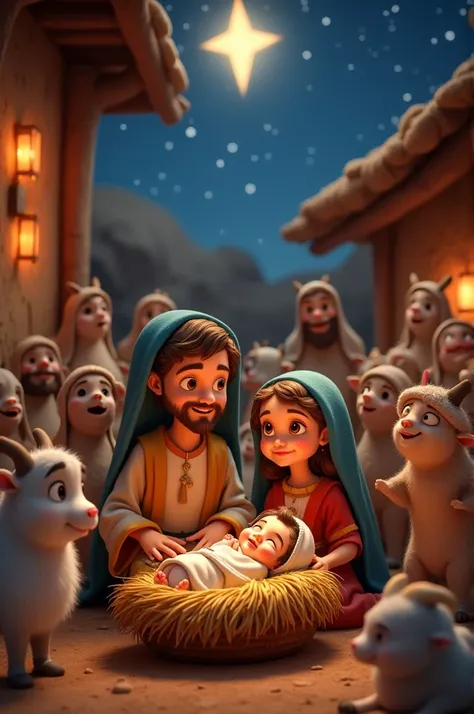 Biblical scene of the birth of Jesus of Nazareth, Pixar style 3D Disney animation 