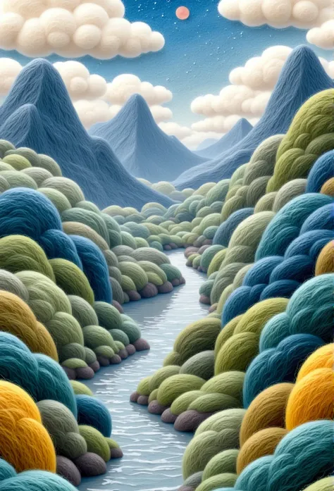 felt art：chinese landscape painting，a thousand miles of rivers and mountains，blue gold