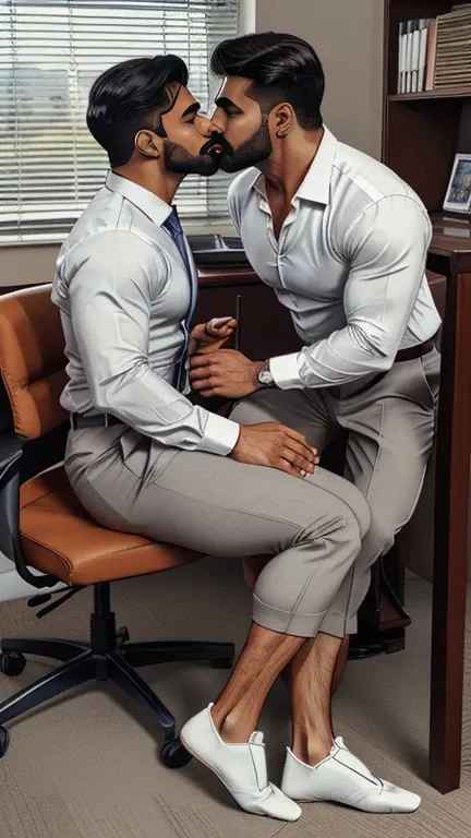 Indian gay couple kissing, A indian desi muscular daddy man with little beared with handlebar mustache weared white shirt and grey trouser, formal shoes and socks, very realistic, romance novel cover, very very realistic, comic digital art, really realisti...