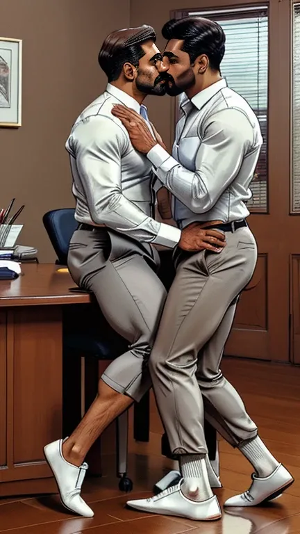 Indian gay couple kissing, A indian desi muscular daddy man with little beared with handlebar mustache weared white shirt and grey trouser, formal shoes and socks, very realistic, romance novel cover, very very realistic, comic digital art, really realisti...