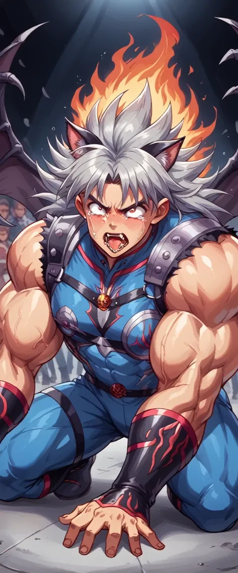 Toei animation style,(((Huge muscles))),Confront the enemy,Hyunckel,Handsome,good looking,Crying face,Silver Hair,,8k,High definition,Masterpiece,Detailed Description,Spiked Hair,tall,Sticking out tongue,Spider Suit,Devilish Wings,Cat ears,Partially torn a...