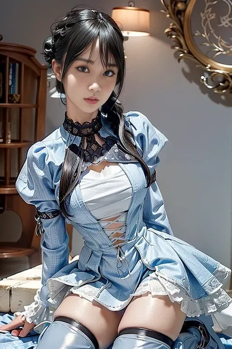 Sexy and stylish female model, Only one woman, ((Doll-like appearance)), length, Colourful and stylish hair, ((Shiny punk style knee-high boots)), (), Very detailedな目, Detailed makeup, Lip gloss, ((White　blue　grey　Sexy punk with frills　Lace-up　Lace-up　Cosp...