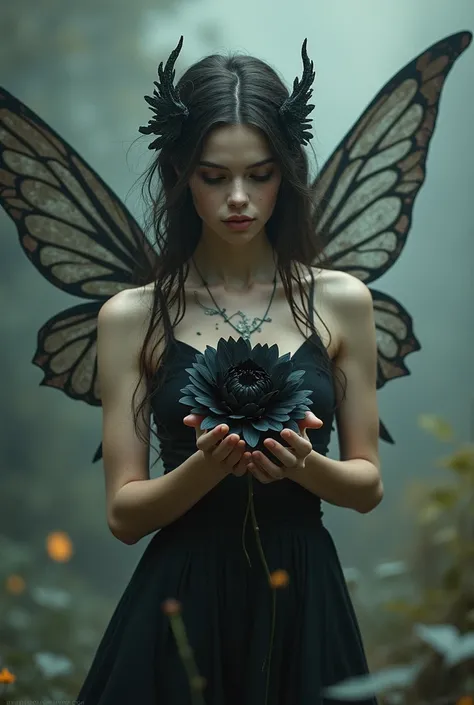 Front fairy with black flower in her hands