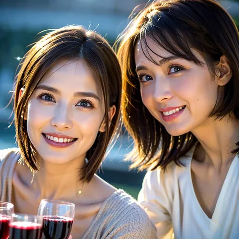 (Realistic, 超Realistic:1.4), 16K HDR, High resolution,((Wine Glasses)),(Wine bottle),((Champagne glasses)),Age 33、3、Happy smile、short hair,The best smile、so beautiful(It looks like the real thing),dress、red wine、White Wine、Sparkling wine、Slim couple、Model ...