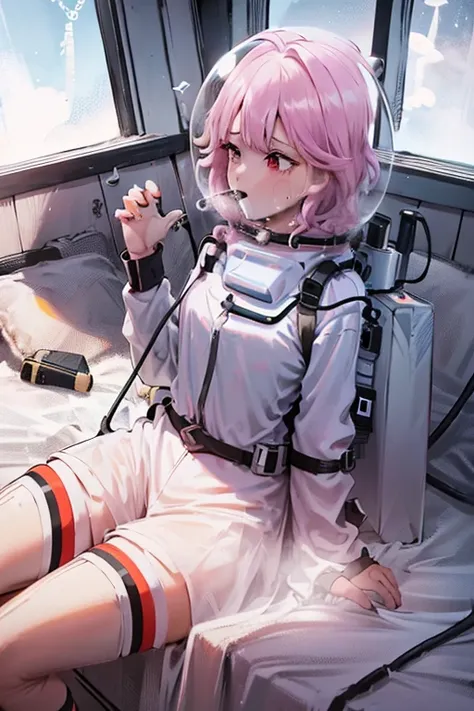 pink hair, bubble helmet, space helmet,wearing a (spacesuit:1.15), white cargo pants, hovering, flying, moon surface, earth, flo...