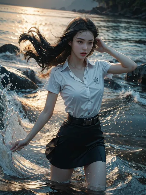 18s woman in thai university uniform, very beautiful, pretty, wet long straight hair, white wet plain short-sleeve button up shi...