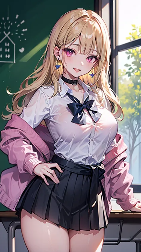 (masterpiece、Please redeem、Very detailed))、One Girl、Improve、Blonde、Long Hair、Wavy Hair、Pink Eyes、Wicked Smile、((Open your mouth))、((Lots of earrings))、((Large Breasts))、((White collar shirt))、Delete button、Bow tie、((black pleated skirt))、((mini skirt))、Car...