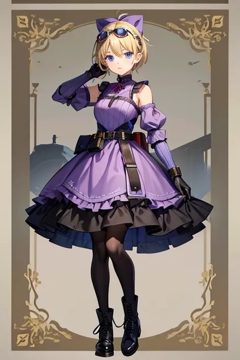 Anime Art、Full body portrait、Characters of the early modern period、Background blank、A female pilot standing upright, about 160cm tall, about 1, wearing a light purple gothic lolita dress、Wears goggles on his forehead、She is wearing black tights that cover ...