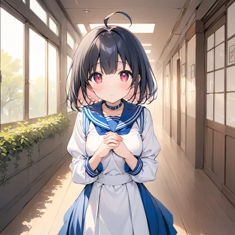 girl、bobcut、black hair、ahoge、red eye、tree eyes、three white eyes、sailor suit、bright,白いsailor suit,navy blue collar,long sleeve,pu...