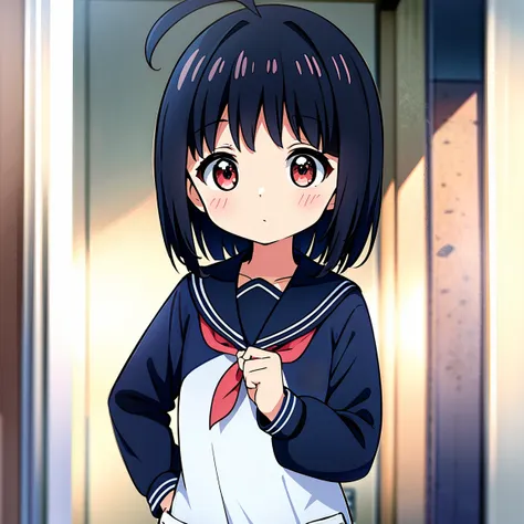 girl、bobcut、black hair、ahoge、red eye、tree eyes、three white eyes、sailor suit、bright,白いsailor suit,navy blue collar,long sleeve,pu...