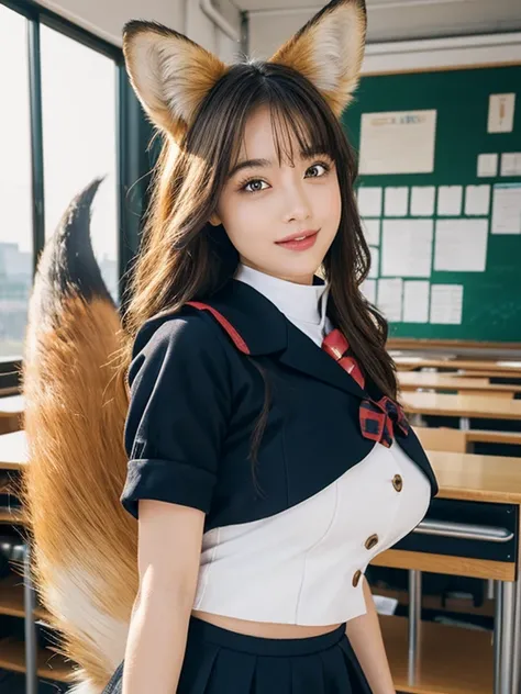 ((Best Quality, 8k)), ((masterpiece)), (Highest Resolution), Perfect Face, Woman with fox ears, Woman with a tail, Beautiful woman, She is a student, Filmed in a classroom, Only one tail, She has thick thighs, Her big fox tail, I can see her fox tail, She ...