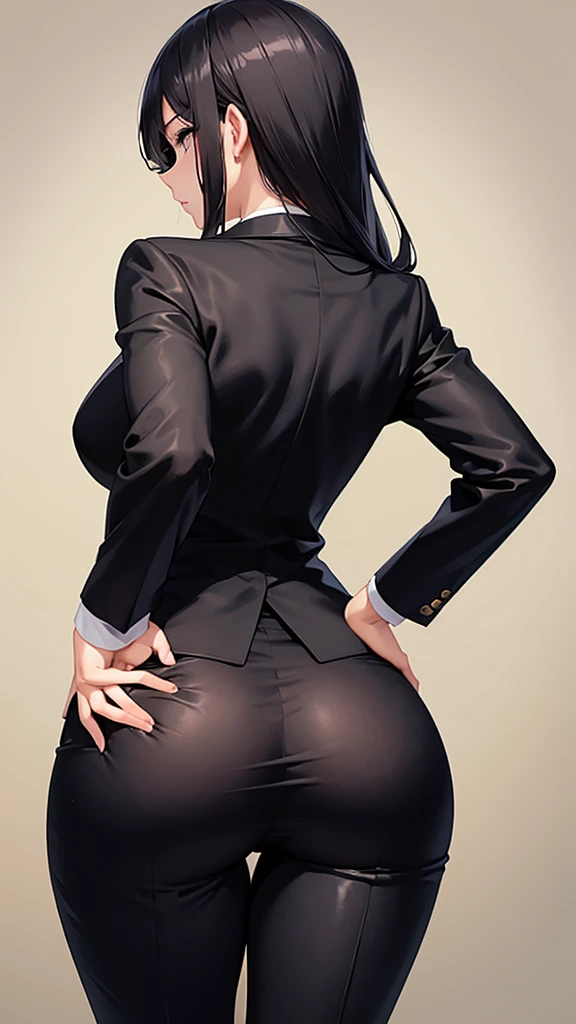 Back view of a sexy woman in a black luxury pantsuit　tie