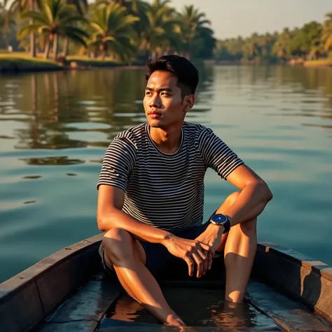 Realistic photo of a 30 year old Indonesian man sitting on a boat in the sun. The man is wearing a striped t-shirt. He had a calm and pensive expression and stared into the distance. The background contains calm waters with reflections of trees and palm tr...