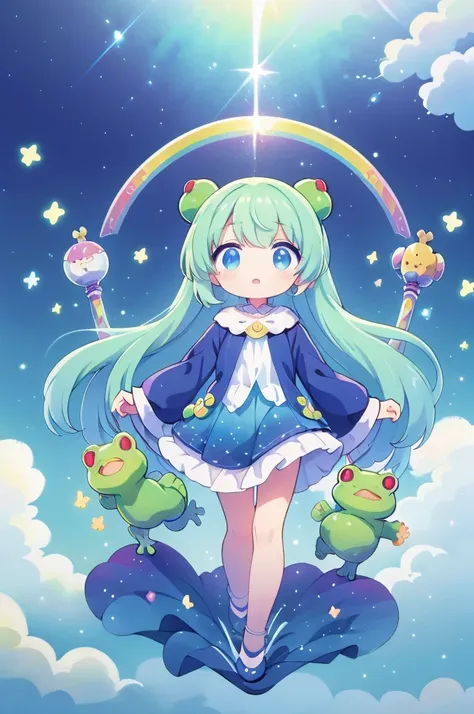 (masterpiece、Best Quality、super high quality、Beautiful and beautiful:1.2)、(Big cute robot frog and little cute robot frog party)、(theme:kind&Handmade fantasy)、Chorus、Loud voice、A little hum、Surreal、comical、The background is a rainbow-colored musical staff、...