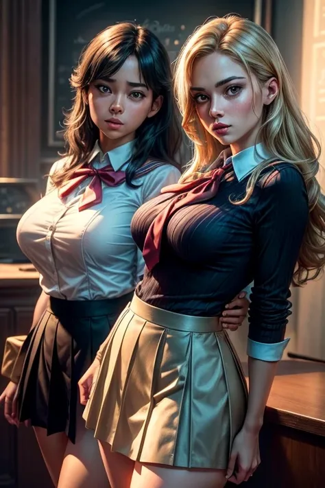  Two women, a beautiful woman in a formal teacher outfit with a tight skirt and a large bust, a young girl in a sailor uniform with a short skirt, detailed faces and expressions, dynamic poses, intricate backgrounds, masterpiece, (best quality,4k,8k,highre...