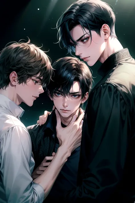 (masterpiece), (high resolution), (high quality), perfect face, beautiful face, (Three male, One with blue eyes, one with brown eyes and one with green eyes), All male black hair!, not facing each others. In dark room.