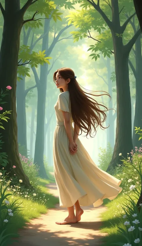 A young woman with long brown shoulder-length hair, her arms behind her back, wearing a long skirt, walking. There are trees on both sides of the path, and small flowers on the side of the path. Character design, illustration, Look at the audience, 