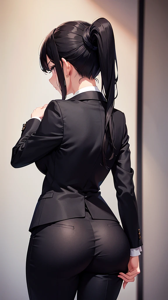 Back view of a sexy woman in a black luxury pantsuit　tie