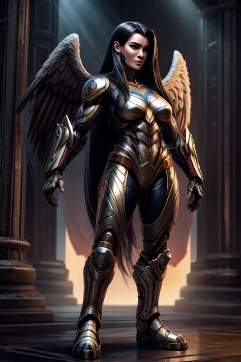 angel with yuong female human body, muscular and strong body, cyborg body, red armor, long black hair, humanoid, full body.