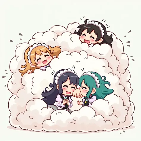 many maids playfully wrestling with each other inside a comical fight cloud.
each maid has different  colored hair.
their faces,hands,and feet are visible emerging from the cloud as they tussle humorously,  with the rest of their bodies completely hidden i...