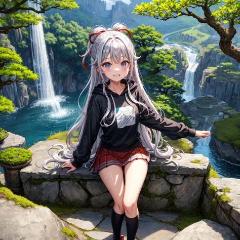 Rainbow red and silver hair、Rainbow Eyes、Wavy Hair、Hair tied up、Two cute、Checked mini skirt、Black T-shirt、Long sleeve、wearing a hood、Black knee-high socks、Teeth are visible、Ice Castle、Tilting face、lawn、In front of the city gate、The stone is cracked、Uneven ...