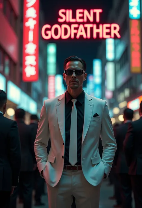 Mafia boss standing with hands in trouser pockets,Black sunglasses,White Suit,Black Shirt,White tie,Slicked back hair,Slim figure,Short height,break,Kabukicho at night,crowd,Several mafia henchmen are standing in the background,Movie title logo"Silent Godf...