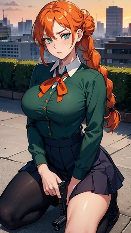 1house wife, orange hair, braided bun, ribbon, green eyes, longeyelashes, large breasts, school uniform, aroused, with a gun, kneeling, Take aim, in the city, midnight sky, award winning, high details, super detail, textured skin, anatomically correct