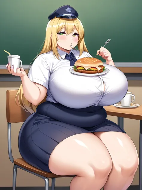 High school girl, obesity, ssbbw, Huge breasts, Huge Ass, Huge legs, Huge body, Sitting, Blonde, uniform, Increased appetite, Eating large amounts of food