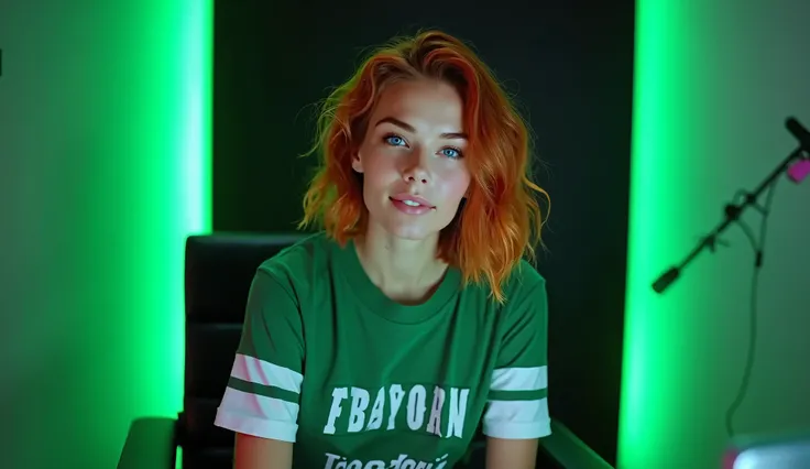 A young woman with short wavy red hair and blue eyes is thin and wearing a green and white football team t-shirt sitting and presenting a podcast inside a green and white neon colored studio with a dark background